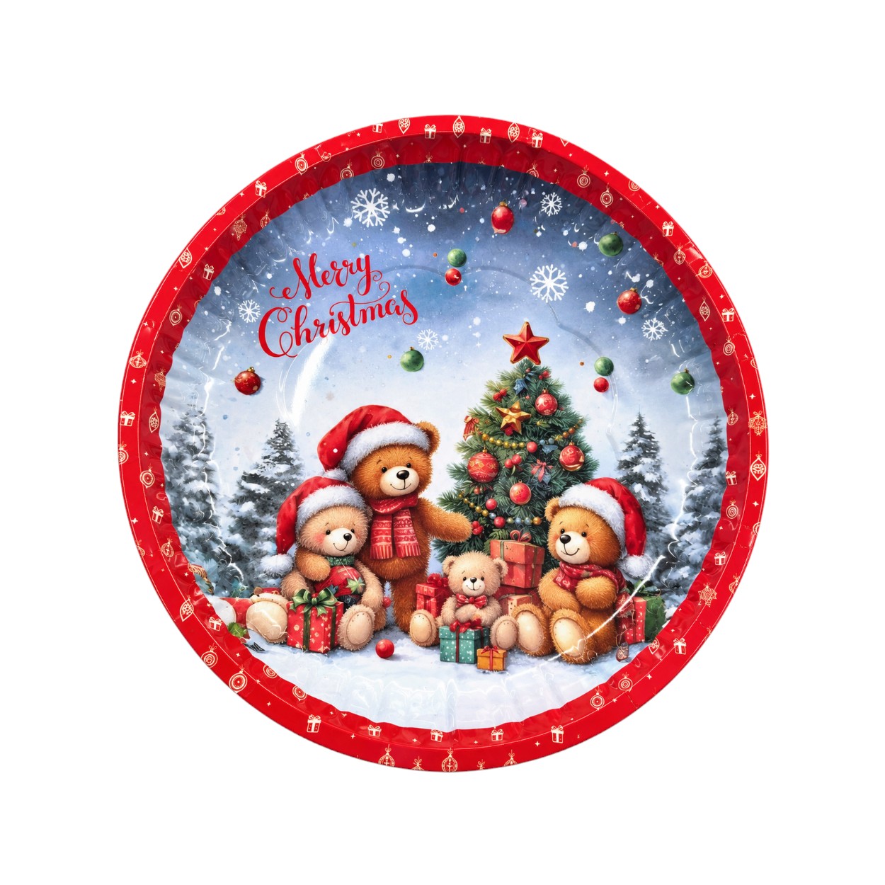 Fém karácsonyi dísztányér plüssmaci mintával, 26 cm