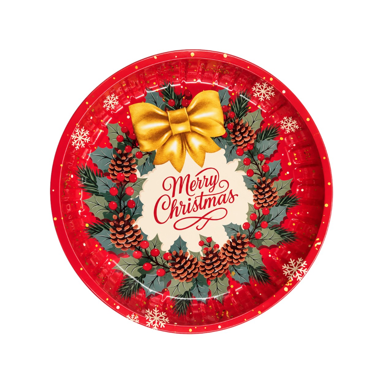 Fém karácsonyi dísztányér koszorú mintával, 26 cm