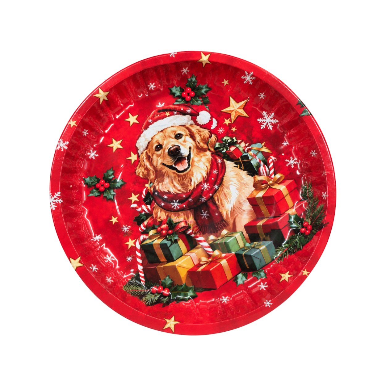 Fém karácsonyi dísztányér kutyás mintával, 26 cm