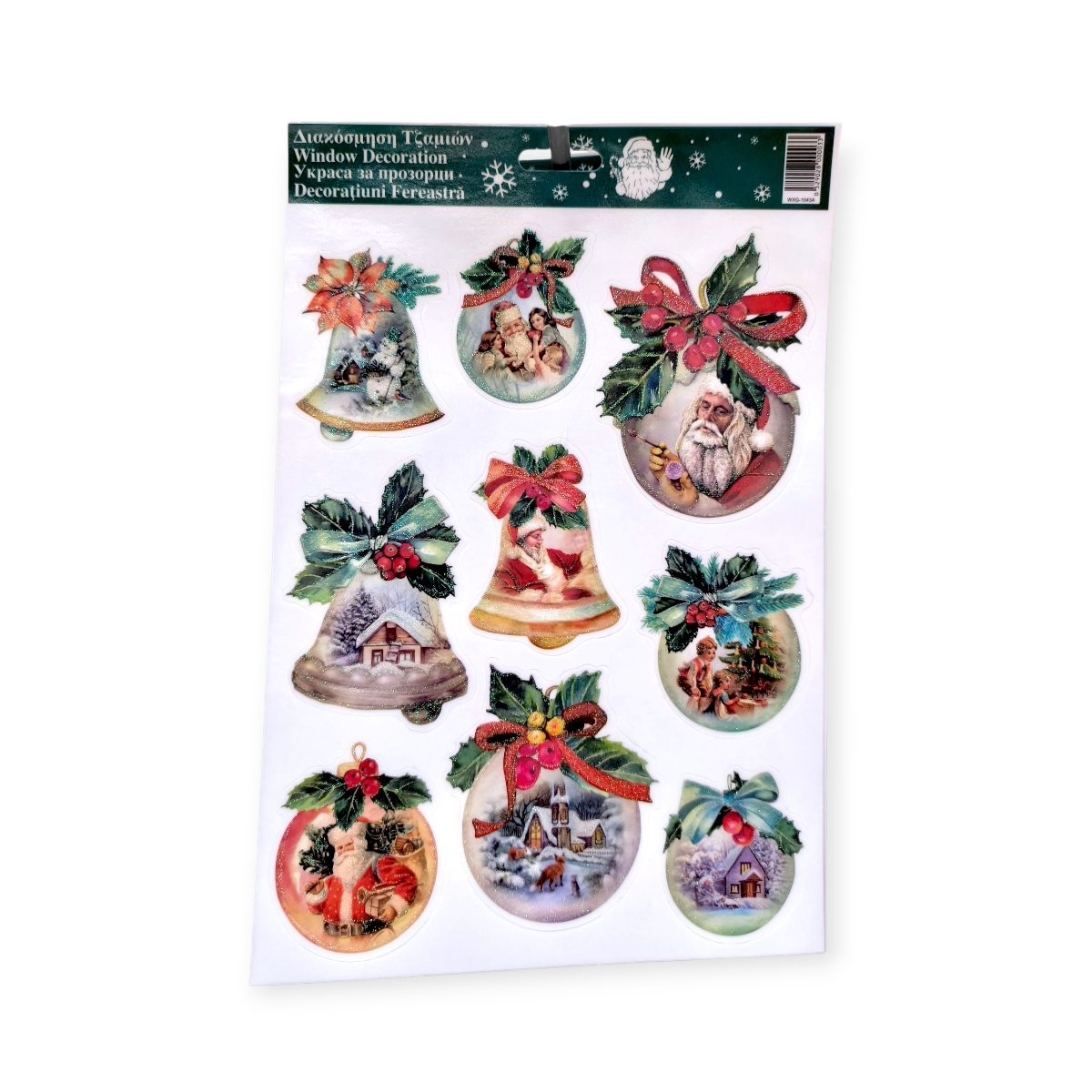 Vintage karácsonyi ablakmatrica harangokkal és gömbökkel 20x30cm