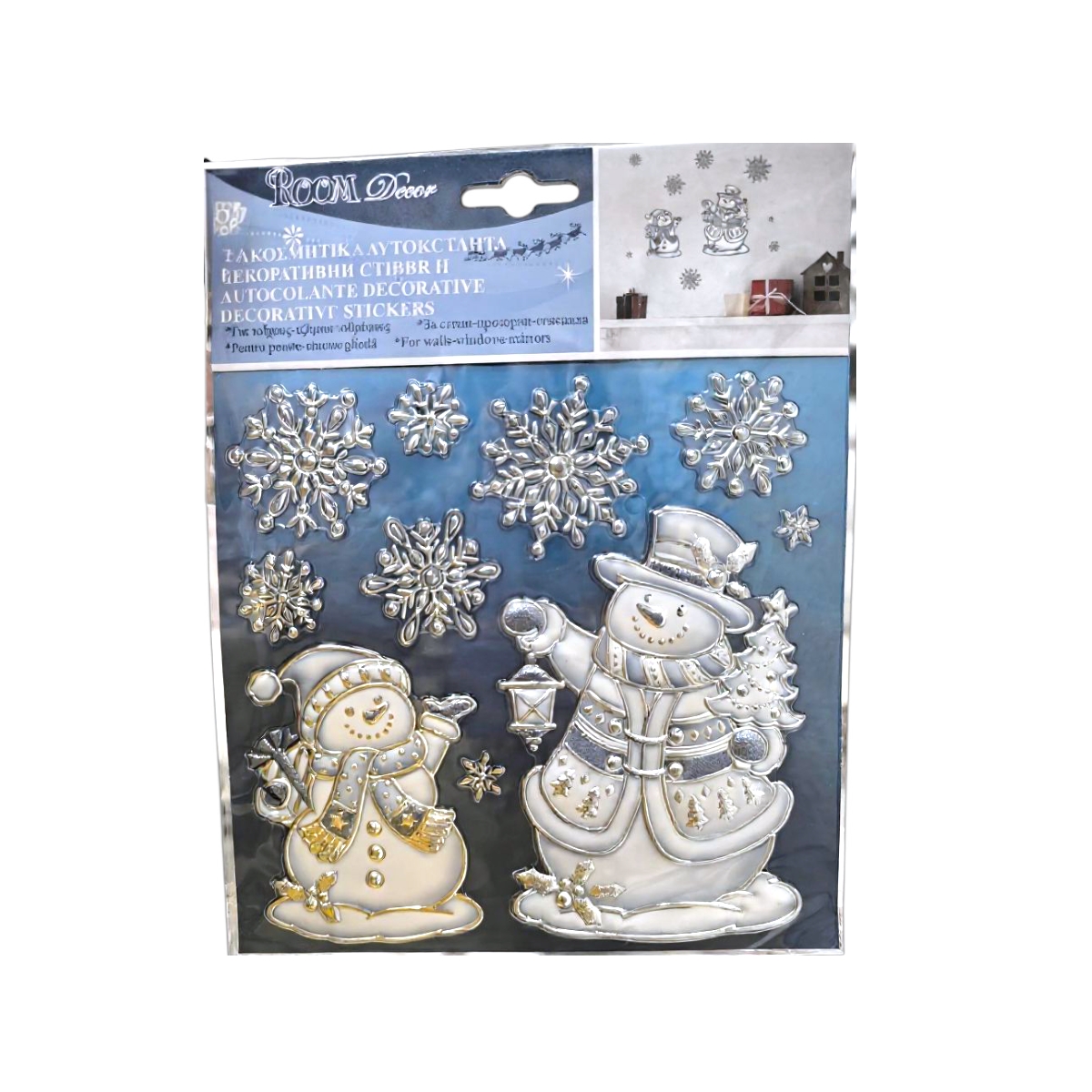 Karácsonyi matrica hóember lámpákkal és ezüst pelyhekkel 18x23cm