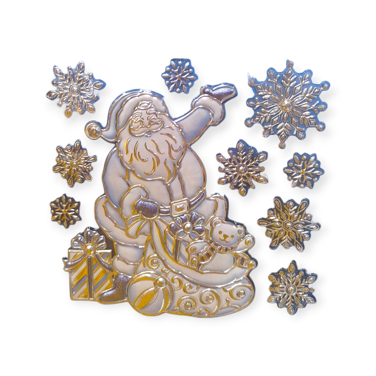 Karácsonyi matrica Mikulás ajándékos táskával és ezüst pelyhekkel 18x23cm