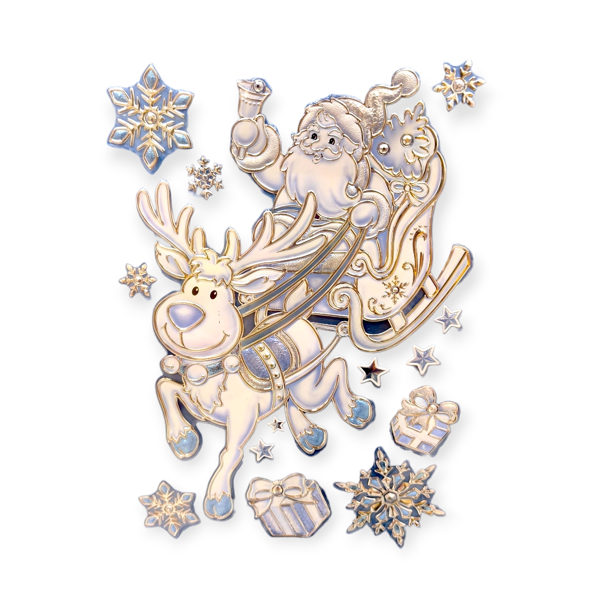 Karácsonyi matrica Mikulás szánkóval és ezüst-kék pelyhekkel 21x30cm