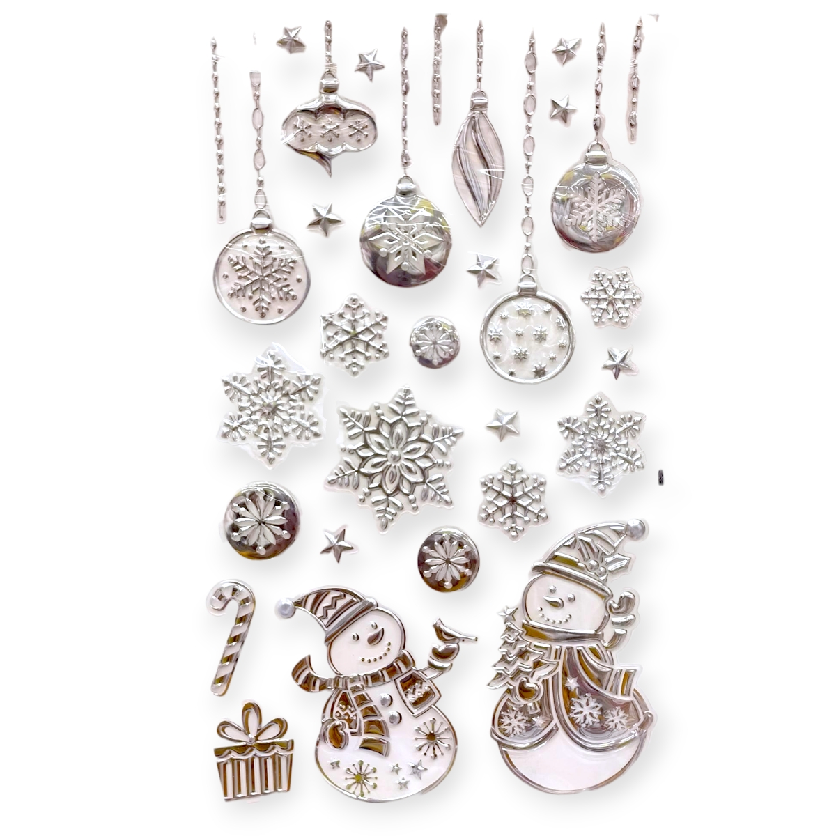 Karácsonyi matrica ezüst díszekkel és hóemberekkel falra, ablakra 24x41cm