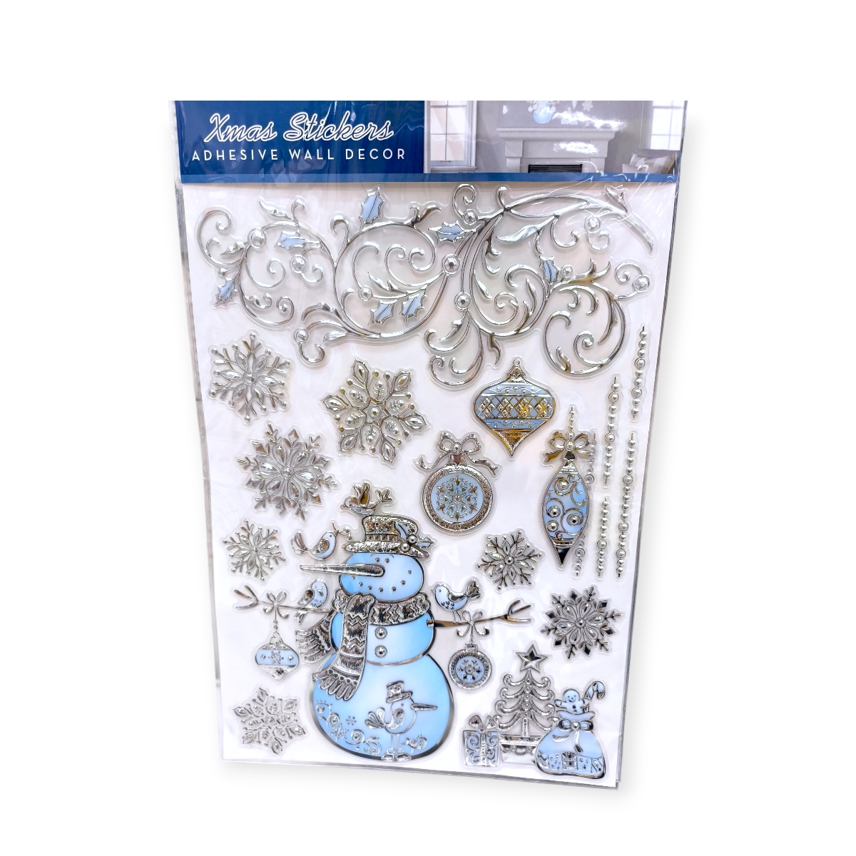 Karácsonyi matrica hóember és ezüst pelyhek falra, ablakra 29x47cm