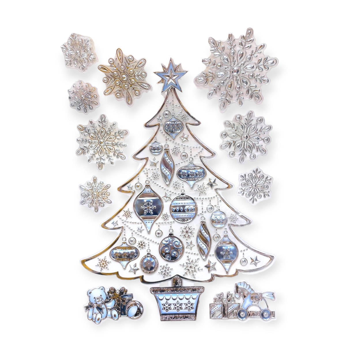 Karácsonyi matrica ezüst fenyőfával, pelyhekkel és ajándékokkal 29x41cm