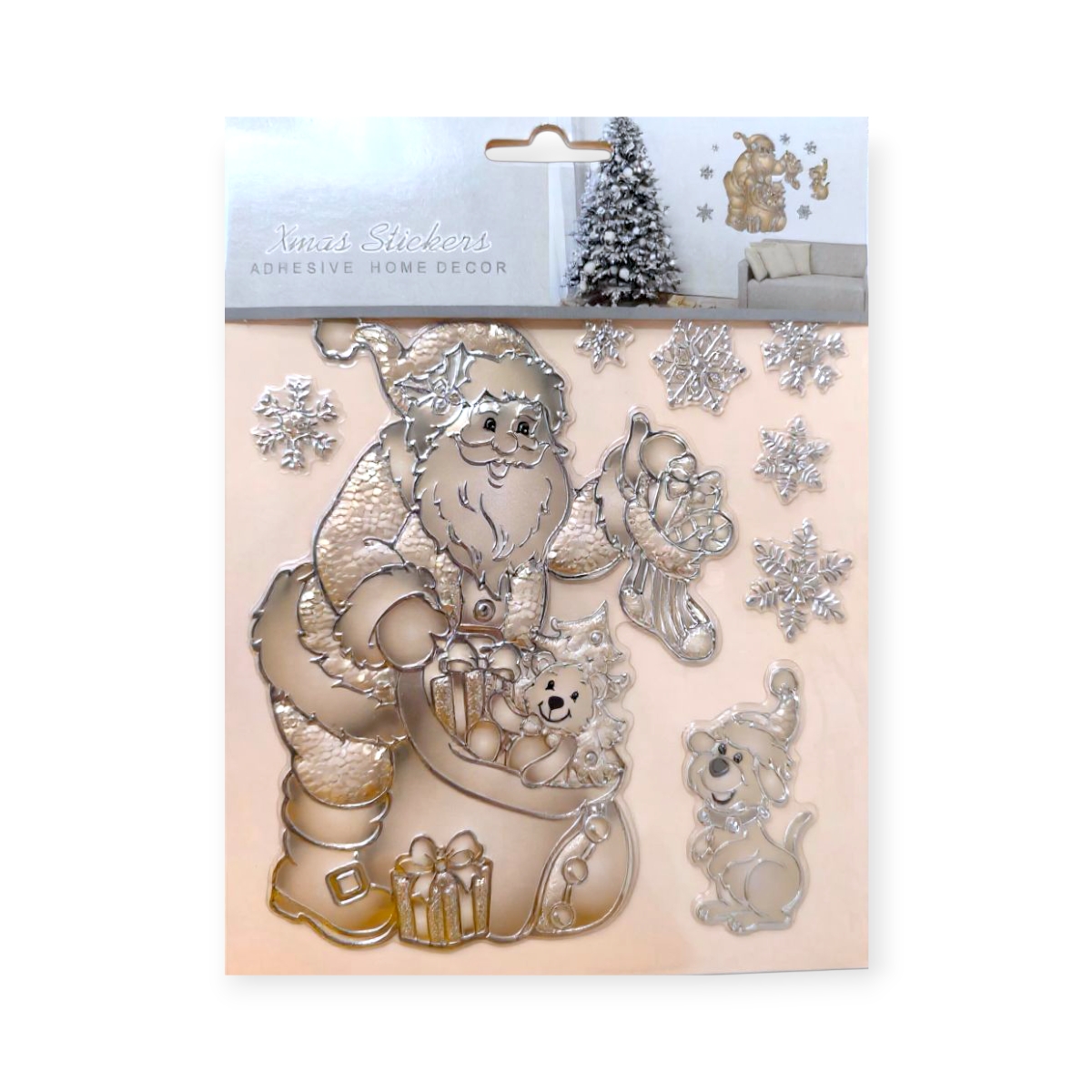 Karácsonyi matrica Mikulás kutyával és ajándékokkal pezsgőbézs 18x23cm