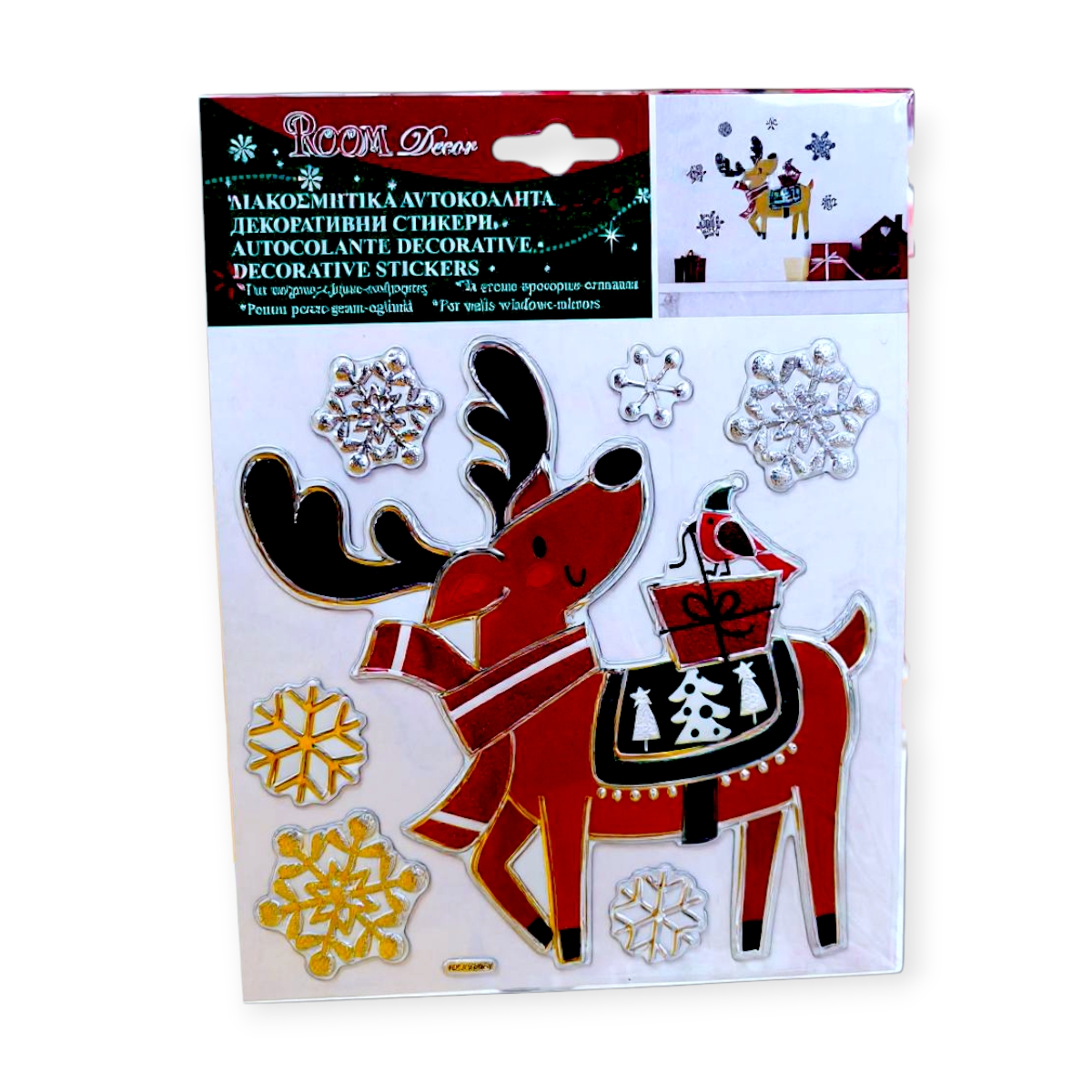 Karácsonyi matrica rénszarvassal és ajándékokkal 18x23cm