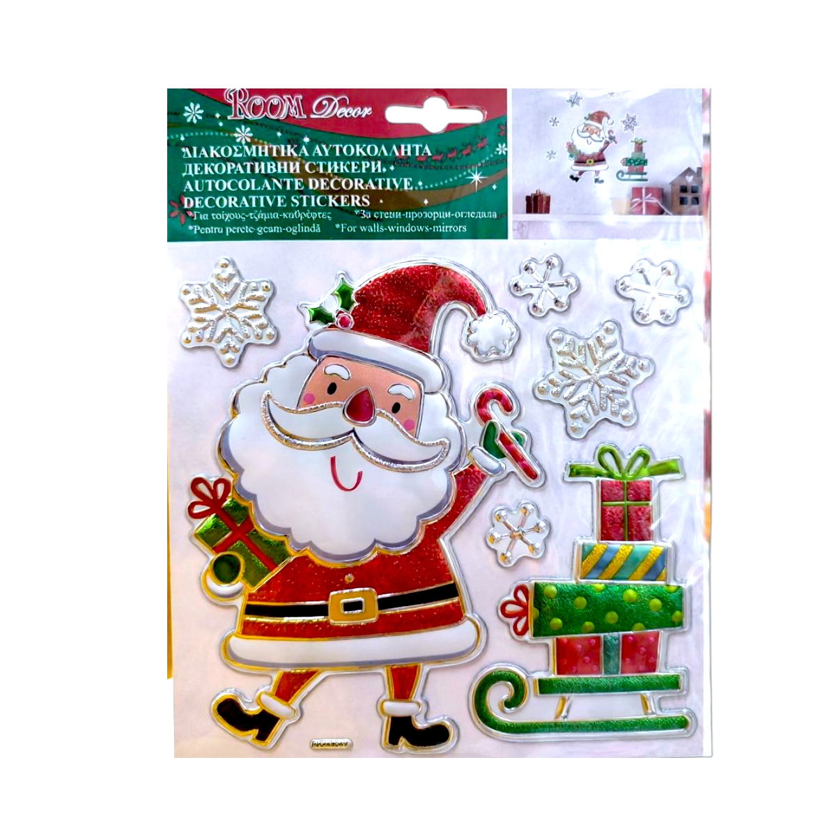 Karácsonyi matrica Mikulás szánnal és ajándékokkal 18x23cm