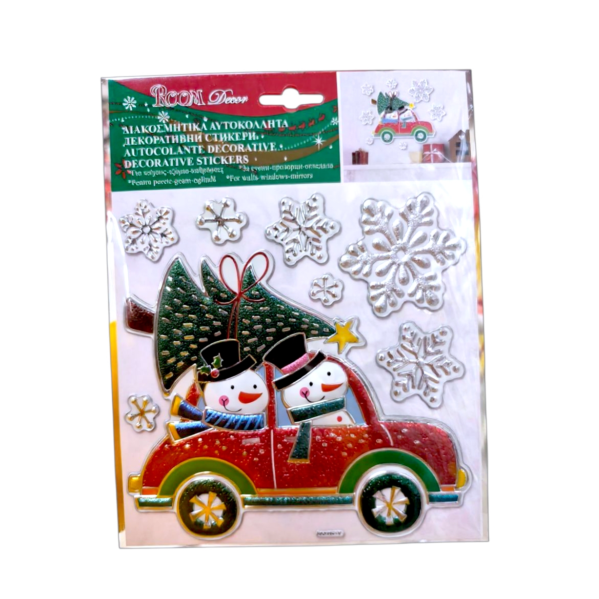Karácsonyi matrica autóval és hóemberrel, ezüst pelyhekkel 18x23cm