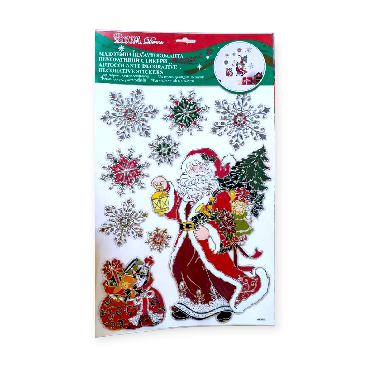 Karácsonyi dekoratív matricák Mikulás ajándéktáskával és pelyhekkel 28x41cm