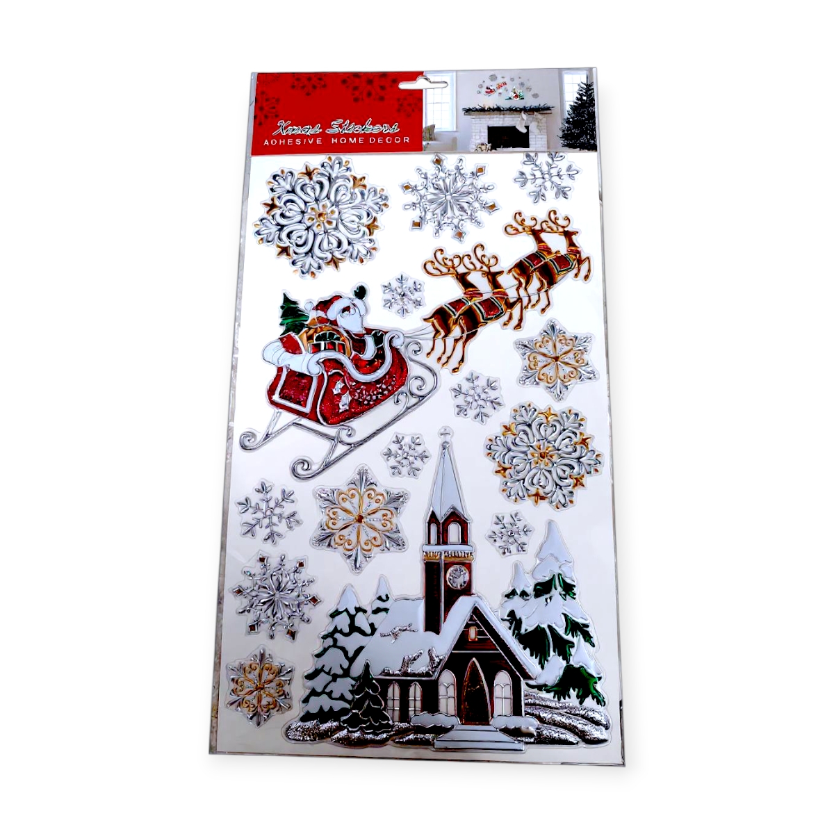 Karácsonyi matrica Mikulással, szánkóval és templommal – 24x41cm