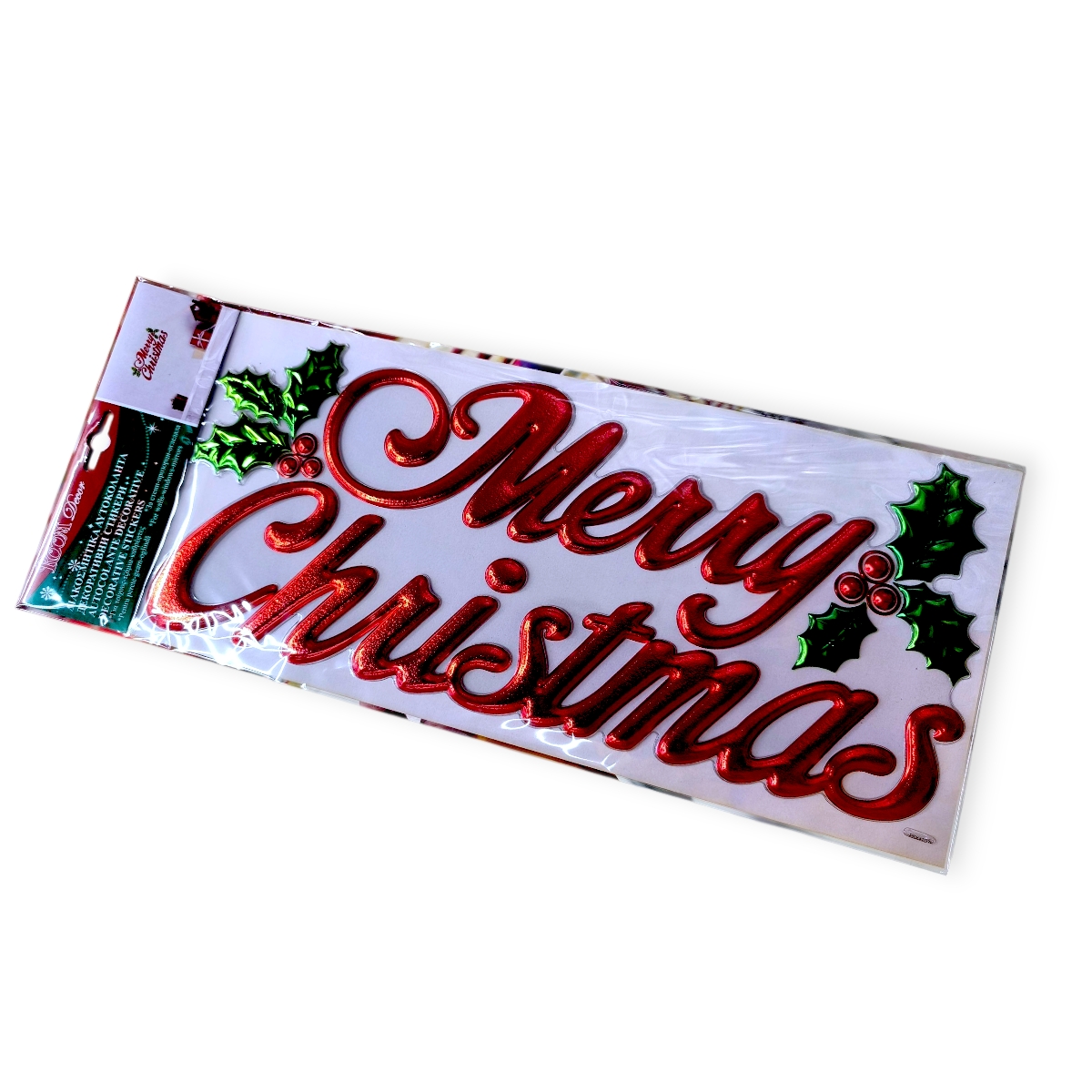 Karácsonyi dekoratív matrica „Boldog Karácsonyt” fagyönggyel – piros-zöld, 38,5x16cm