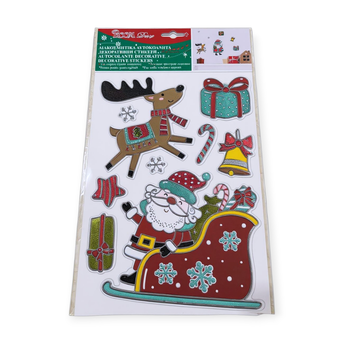 Karácsonyi dekoratív matricák Mikulással, szánnal, szarvassal és ajándékokkal – 21x36cm