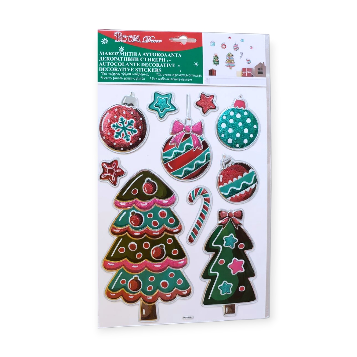 Karácsonyi dekoratív matricák fenyőfákkal, díszekkel és csillagokkal – 21x36cm