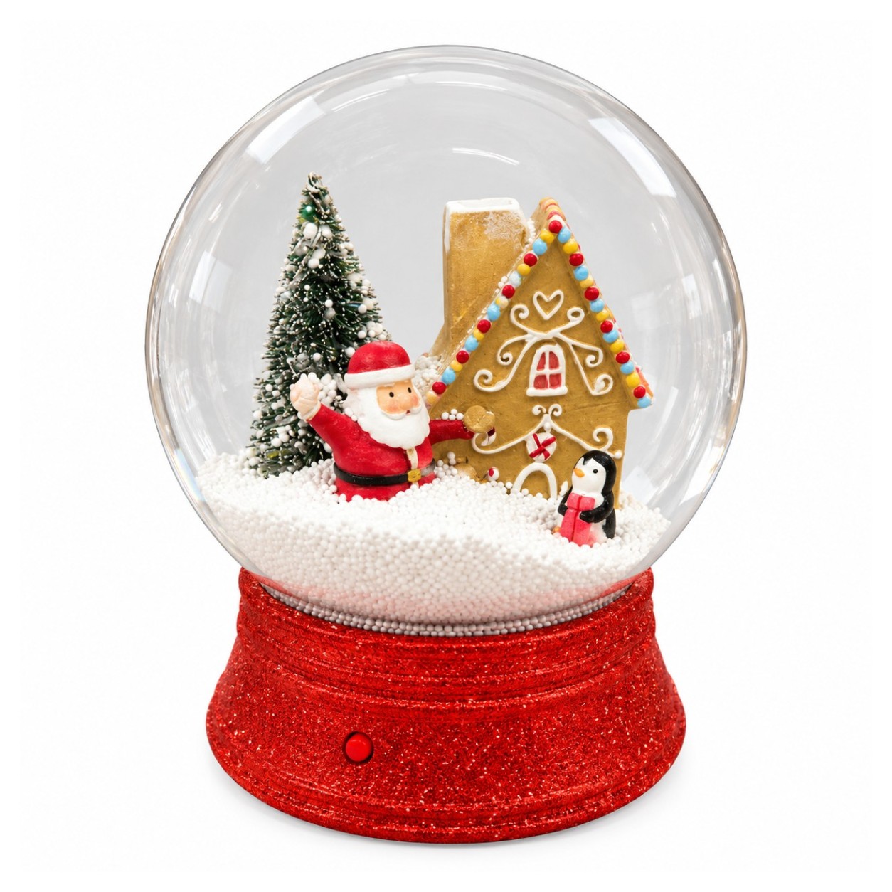 Zenélő LED Mikulás és pingvin karácsonyi hógömb (23 cm)