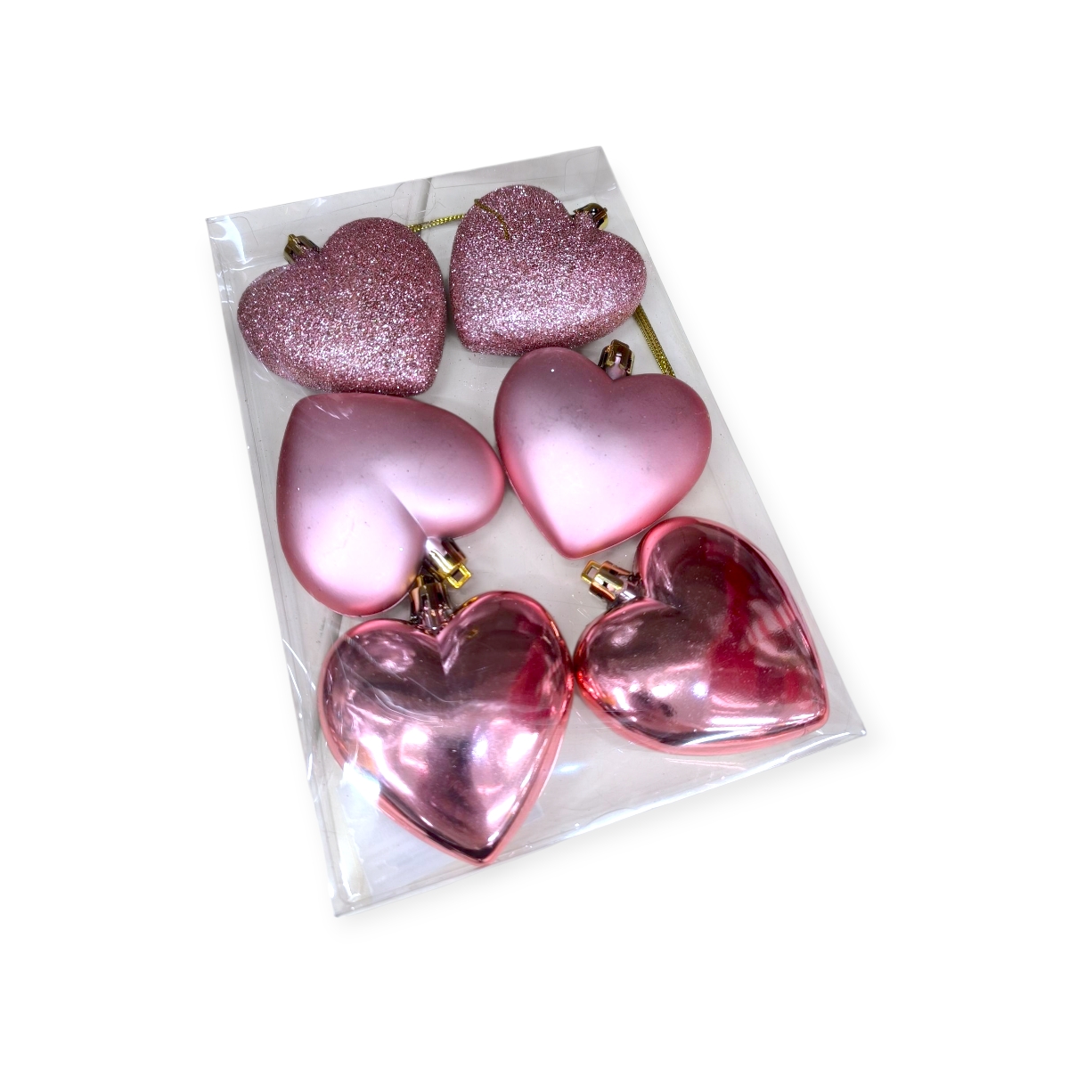 Karácsonyi szív díszek szett – matt, fényes és csillámos rózsaszín, 7 cm, 6 db