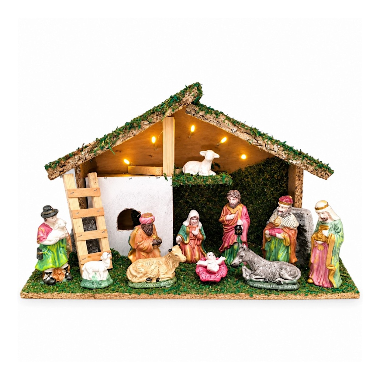 LED-es karácsonyi betlehem 11 db porcelán figurával (47x25 cm)