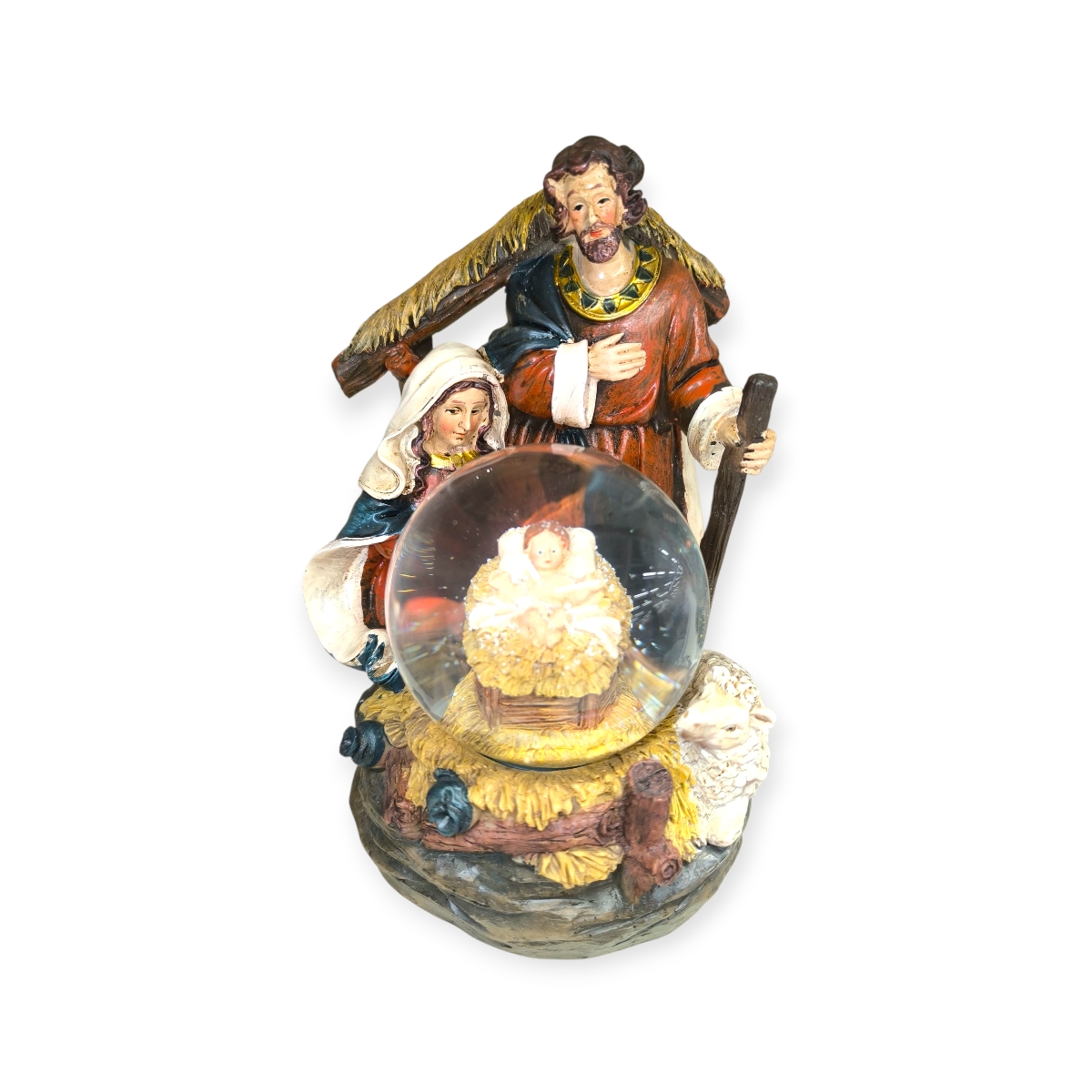 Karácsonyi hógömb jászol jelenettel – LED világítással és zenével, 13x13x19 cm