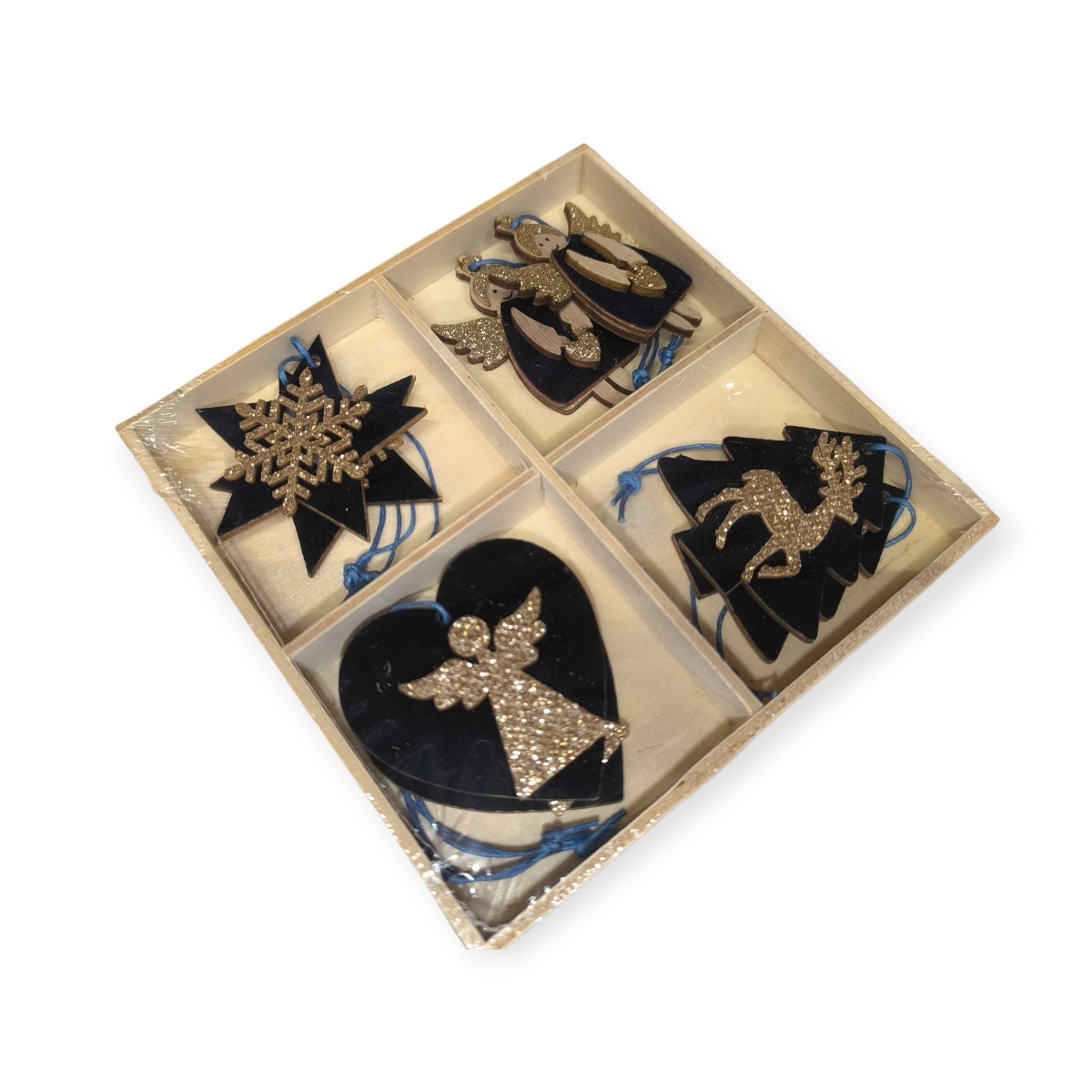 Bársonyos kék-arany fa karácsonyfadísz szett (8 db, 5 cm)