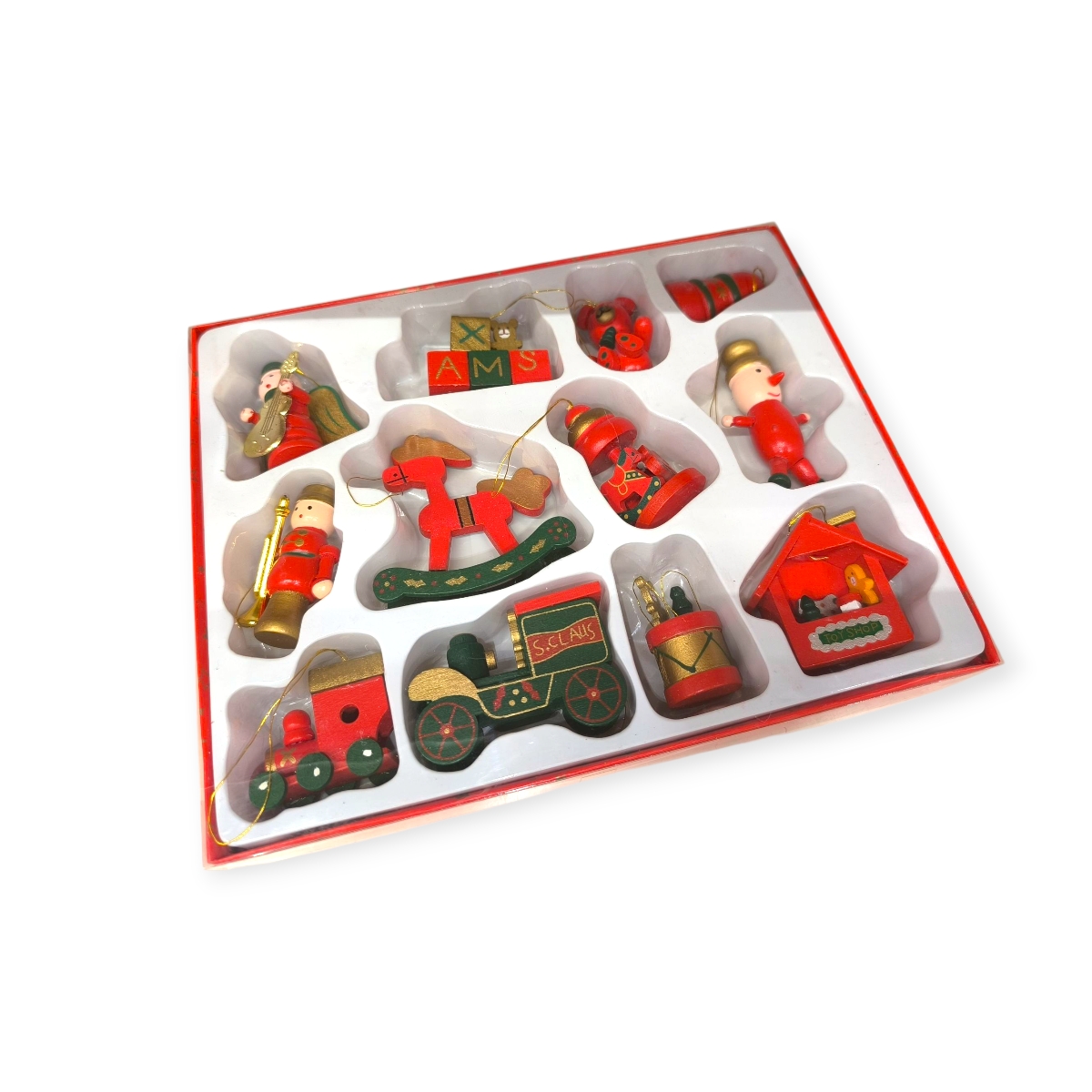 Fa karácsonyfadísz szett – különféle festett figurák (12 db, 5 cm)