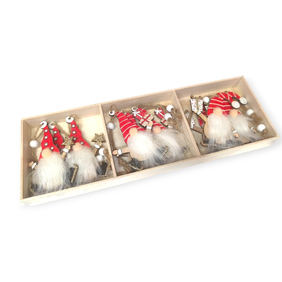 Fa karácsonyfadísz szett gnóm figurákkal – piros-fehér (9 db, 7 cm)