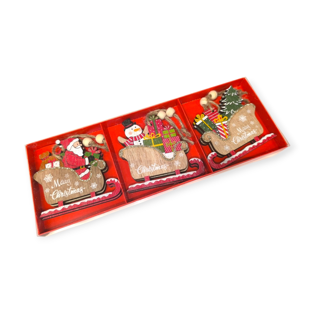 Karácsonyfadísz készlet fa figurákkal arany részletekkel 8cm – 6db