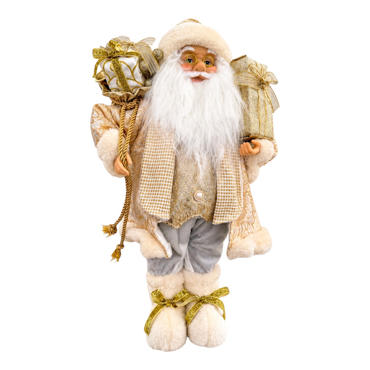 Pezsgő színű Mikulás figura zsákkal (45 cm)