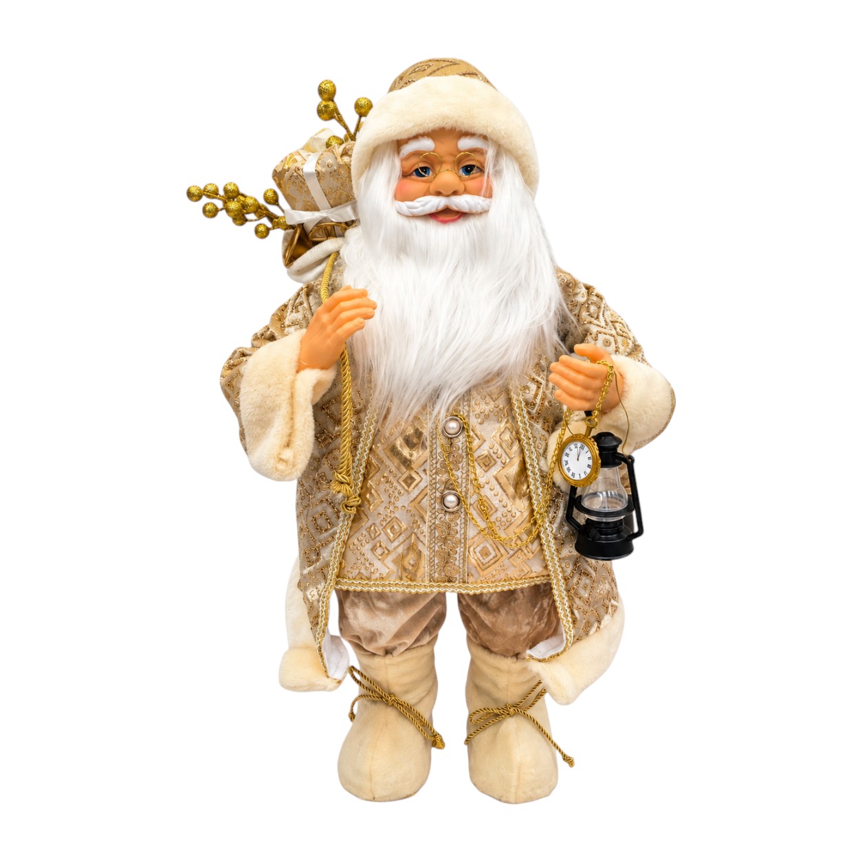 Pezsgő színű Mikulás figura lámpással és órával, 60 cm