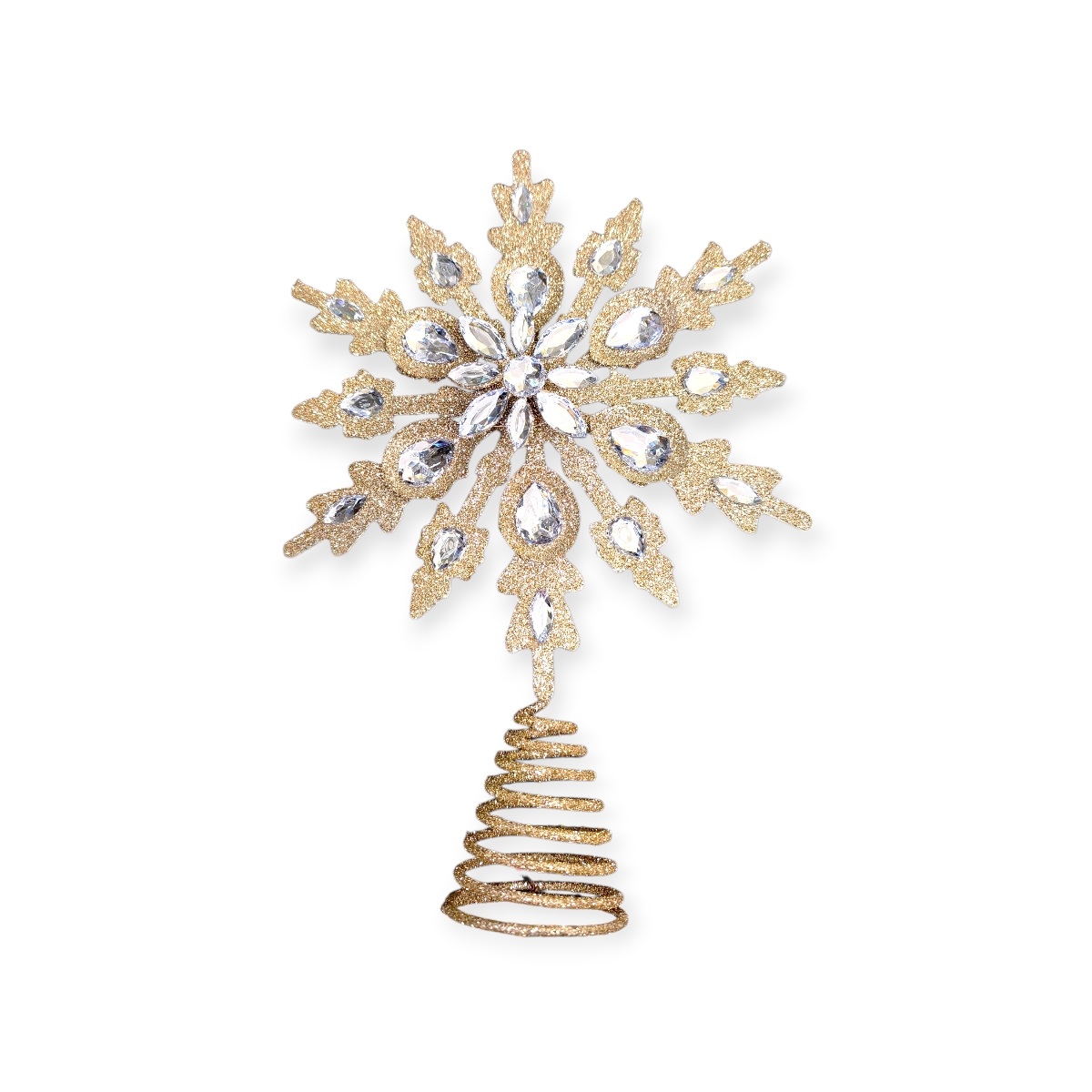 3D arany-bézs hópehely karácsonyfa csúcsdísz ezüst strasszokkal – 20 cm