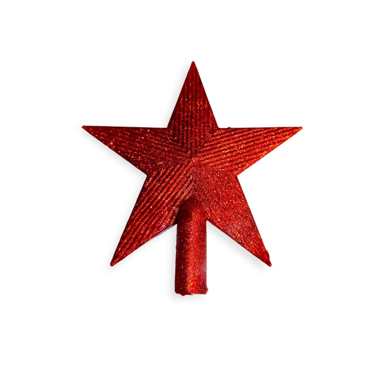 Piros csillagos karácsonyfa csúcsdísz csillámmal – 15 cm