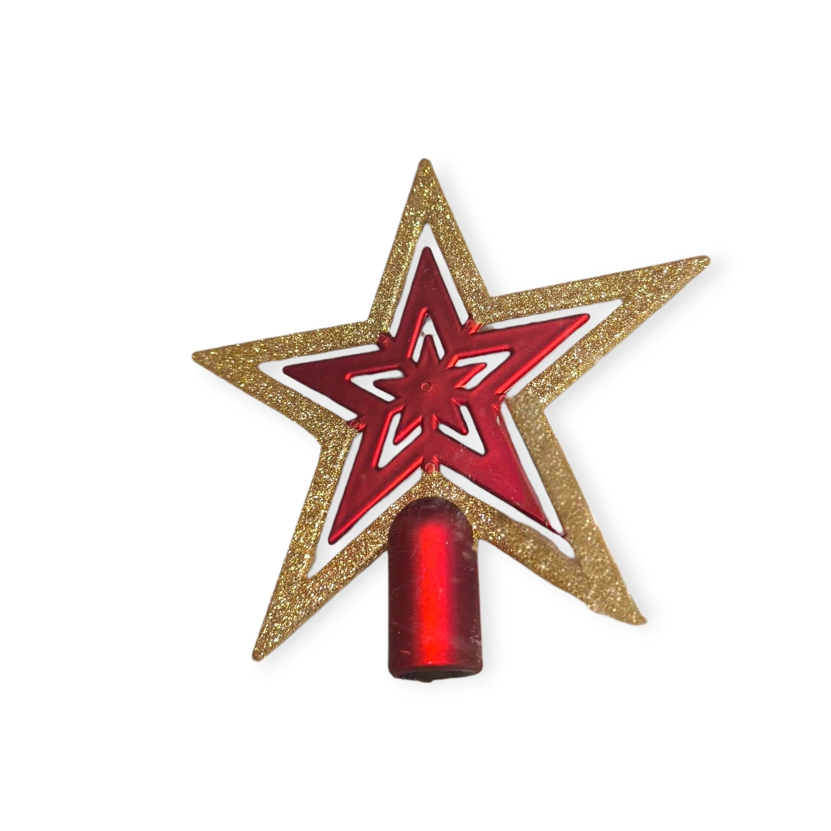 Piros-arany csillagos karácsonyfa csúcsdísz csillámmal – 16,5 cm