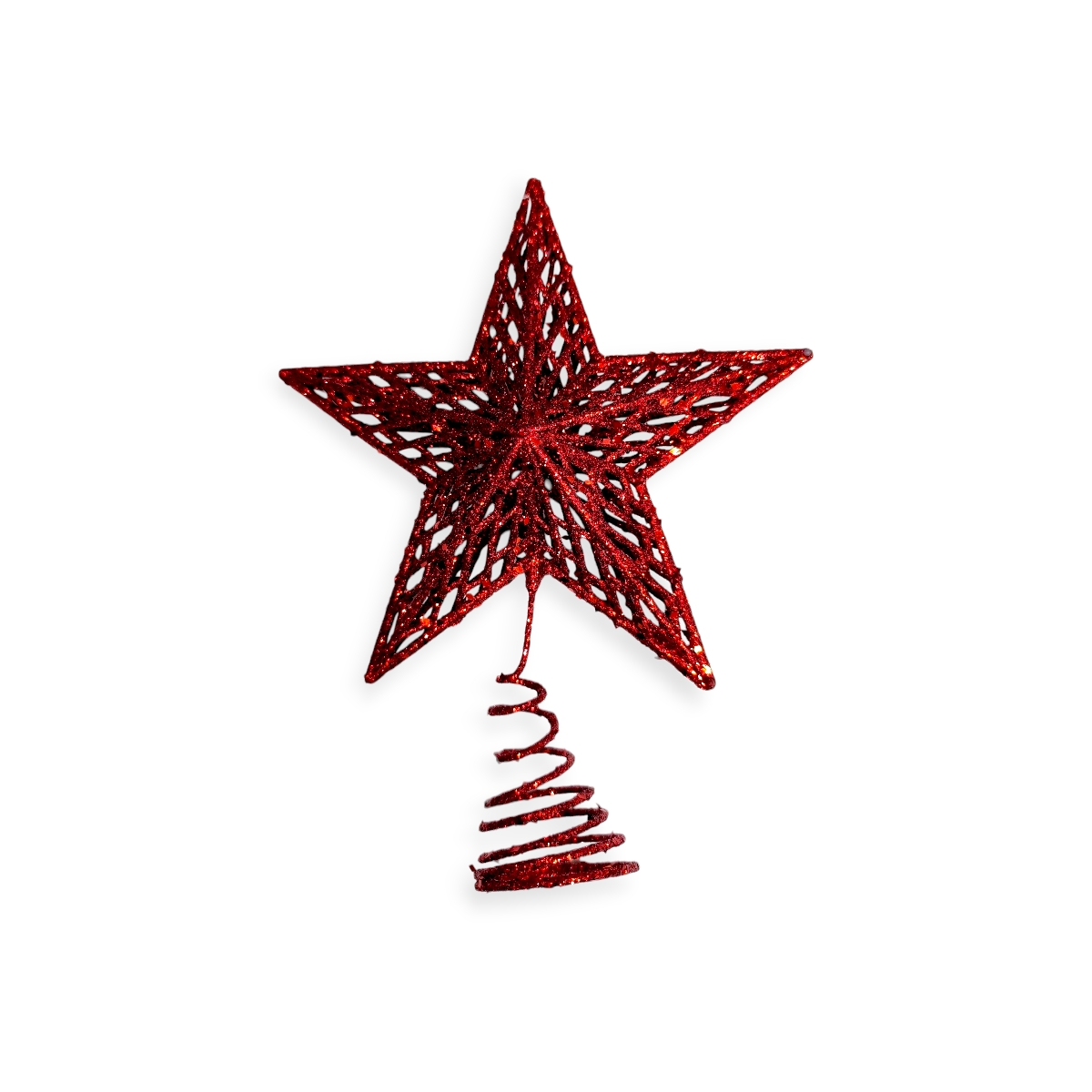 Piros 3D csillagos karácsonyfa csúcsdísz csillámmal 23cm