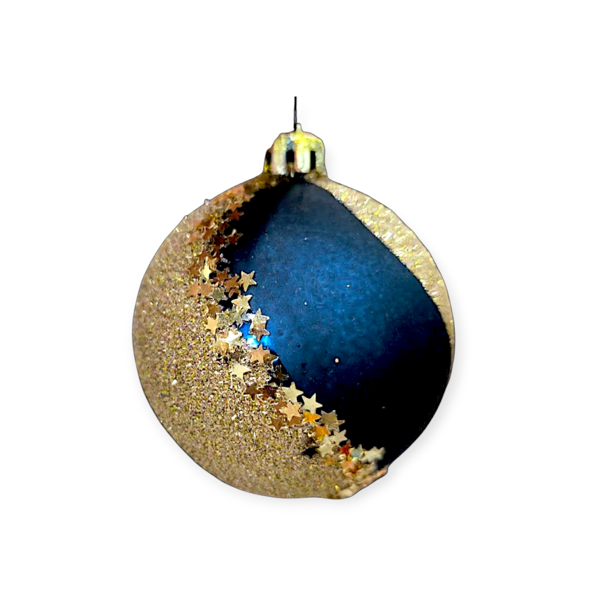 Kék-arany karácsonyfadísz gömb csillámmal 8cm
