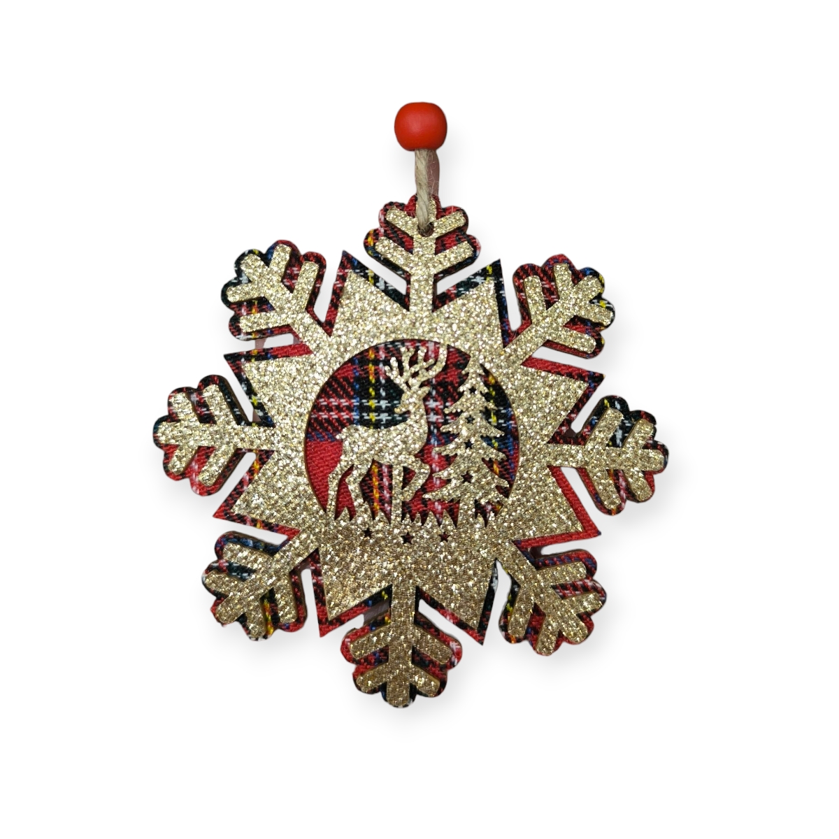 Fa karácsonyfadísz szarvassal és csillámmal 10 cm