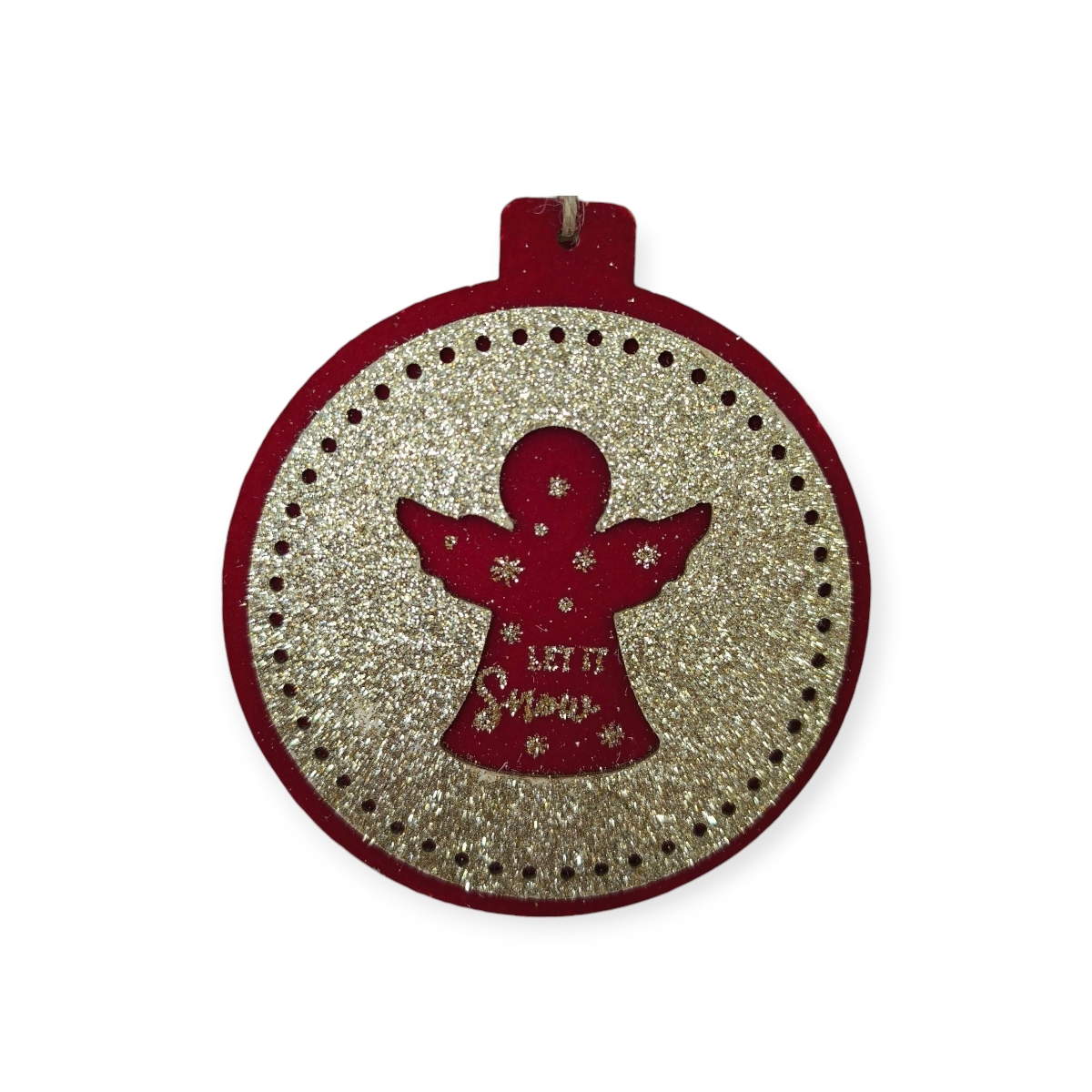 Kerek fa karácsonyfadísz bársonyos vörös angyallal – 10 cm