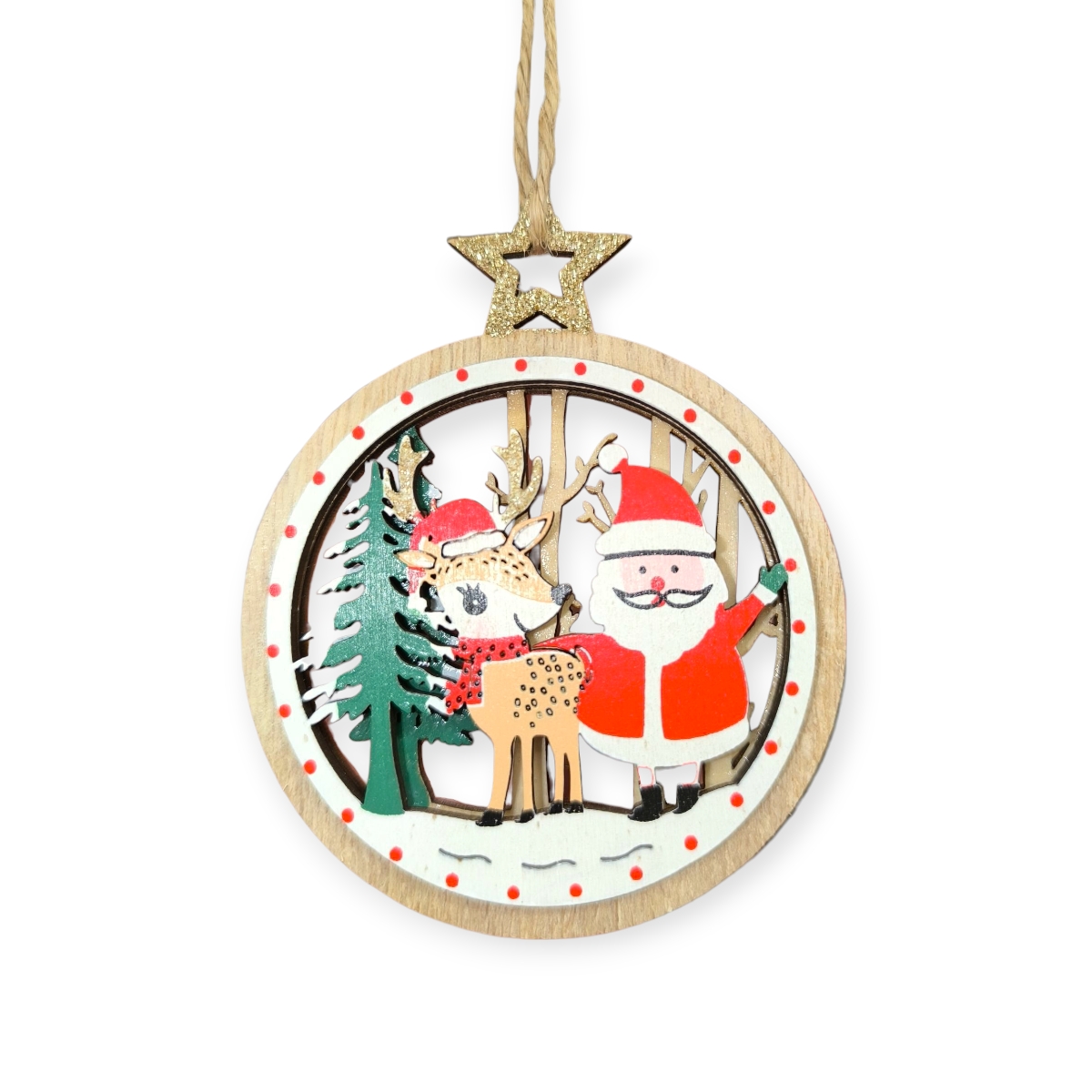 Fa karácsonyfadísz – Gömb Mikulással és szarvassal, arany csillámmal (11 cm)