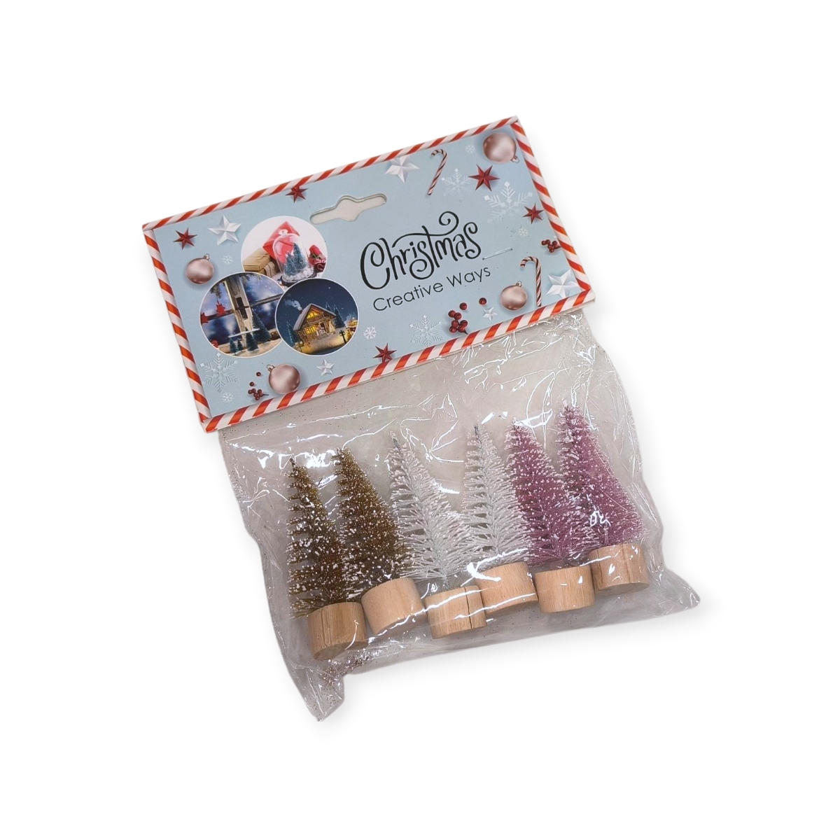 Mini fenyőfa rózsaszín bézs pezsgő csillámmal – 6 darab (7 cm)