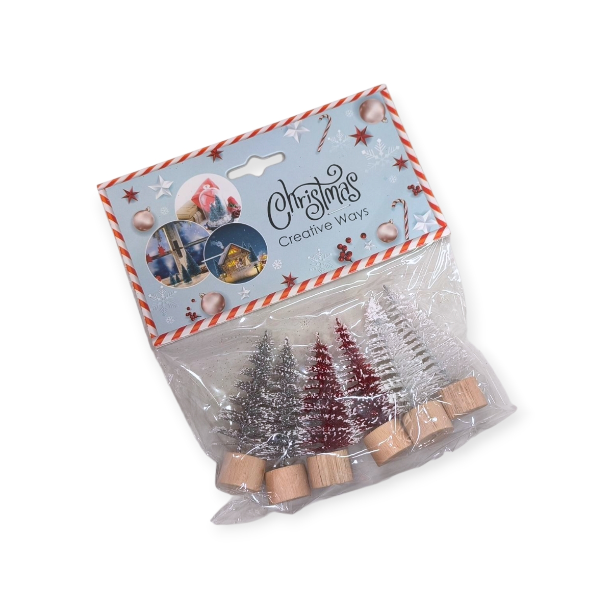 Mini karácsonyfa fehér piros ezüst csillámmal – 7 cm, 6 darab