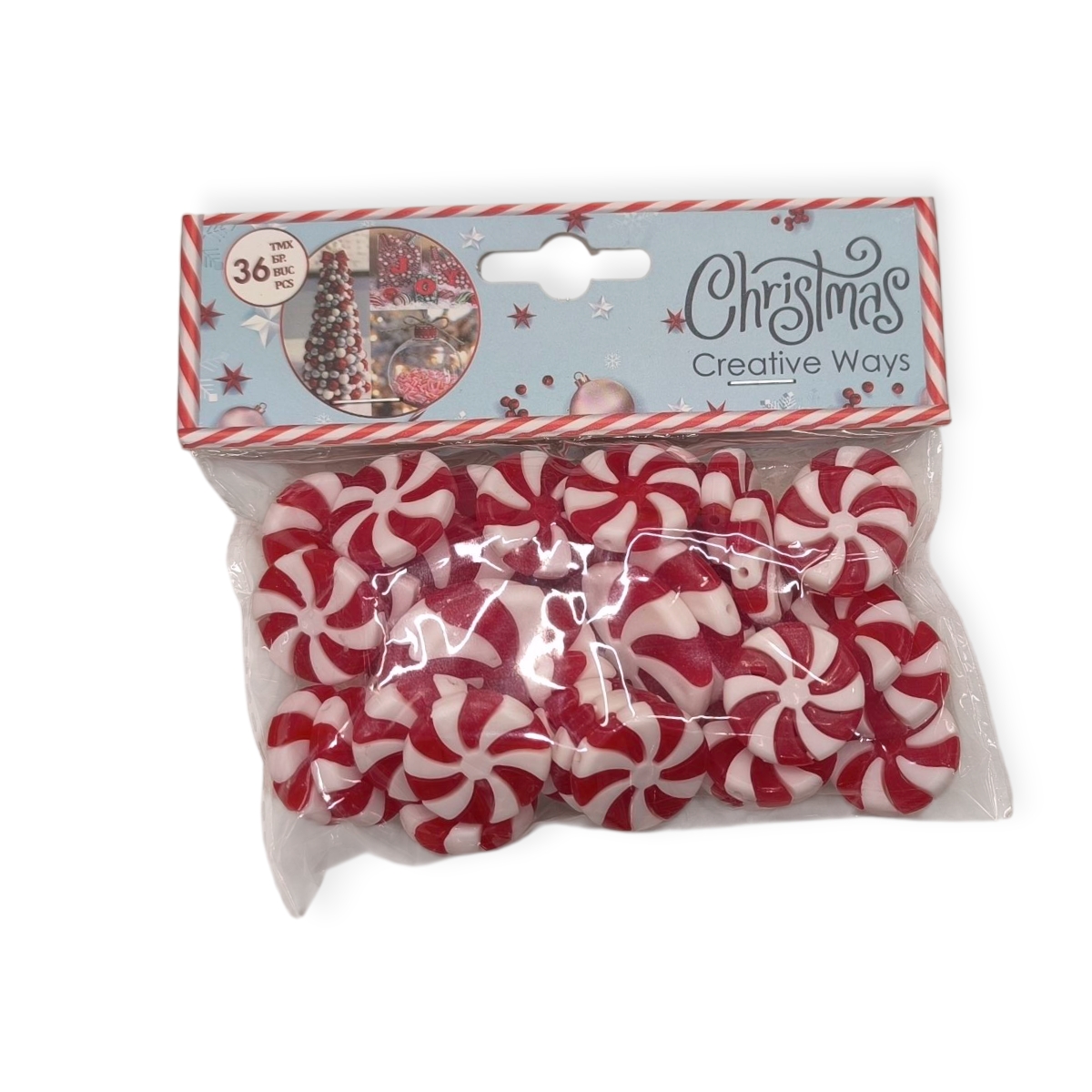 Kerek karácsonyi dekorcukorka piros-fehér – 36 darab (2,5–3,5 cm)