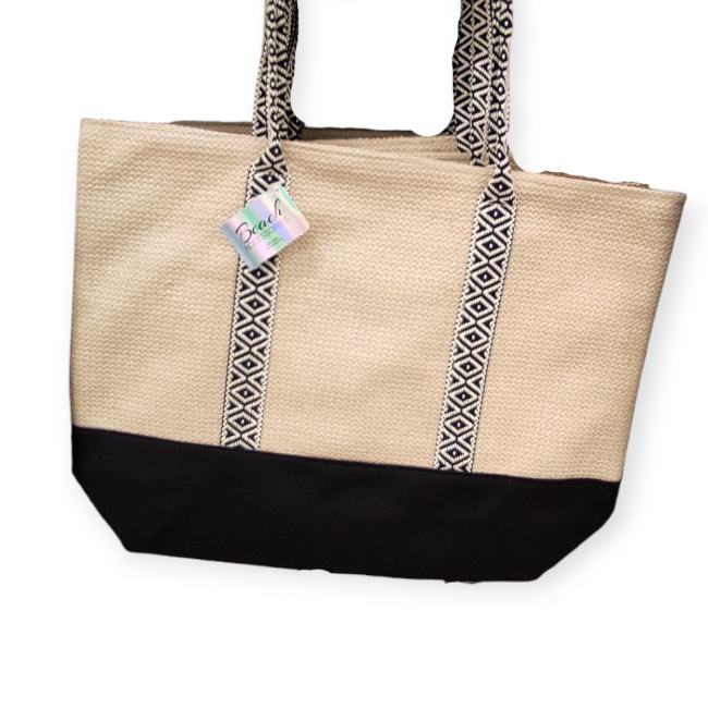 Bézs-fekete strandtáska mintás – 55,5x14x42 cm