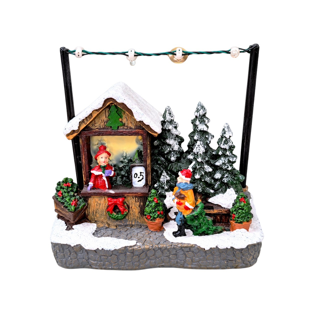 Fenyőfaárus karácsonyi falu jelenet LED fénnyel (14x8x13 cm)