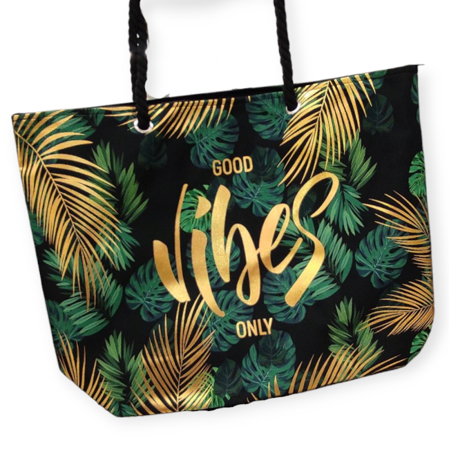 Good Vibes zöld strandtáska arany nyomással – 42x15x43 cm