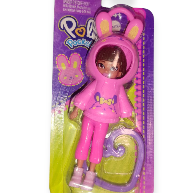 Polly Pocket figura nyuszis pulcsiban – Mattel zsebbaba kiegészítőkkel