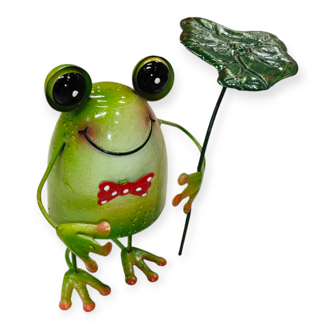 Aranyos békás fém kerti dekoráció esernyővel – mozgó figura 18x14x20 cm