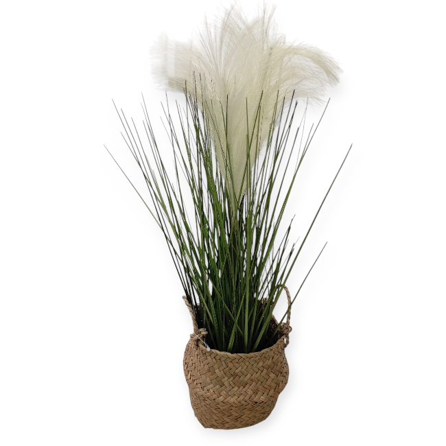 Dekoratív kosár műfűvel és fehér virágokkal – 44 cm