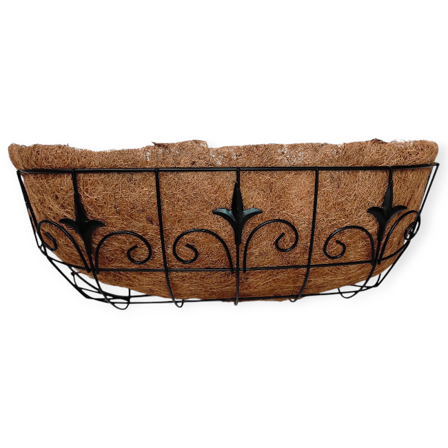 Függő virágtartó kókuszrost béléssel 59x18x20cm – fekete fém növénytartó balkonra