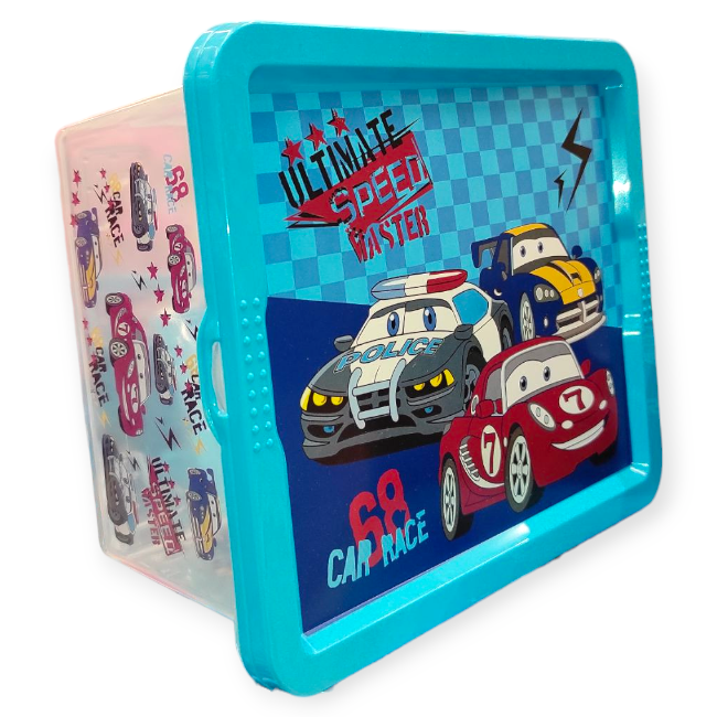Átlátszó műanyag tárolódoboz fedéllel – Car Race mintával, 2,5 L