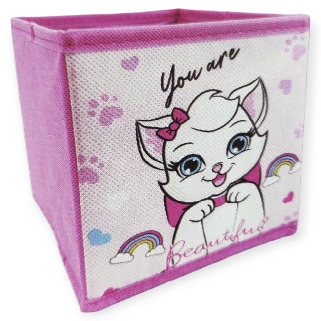 Rózsaszín textil tároló doboz macska és szivárvány mintával – 15x15x15 cm
