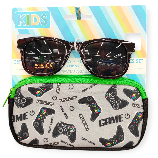 Kék napszemüveg gyerekeknek, UV védelemmel, gamer mintás tokkal
